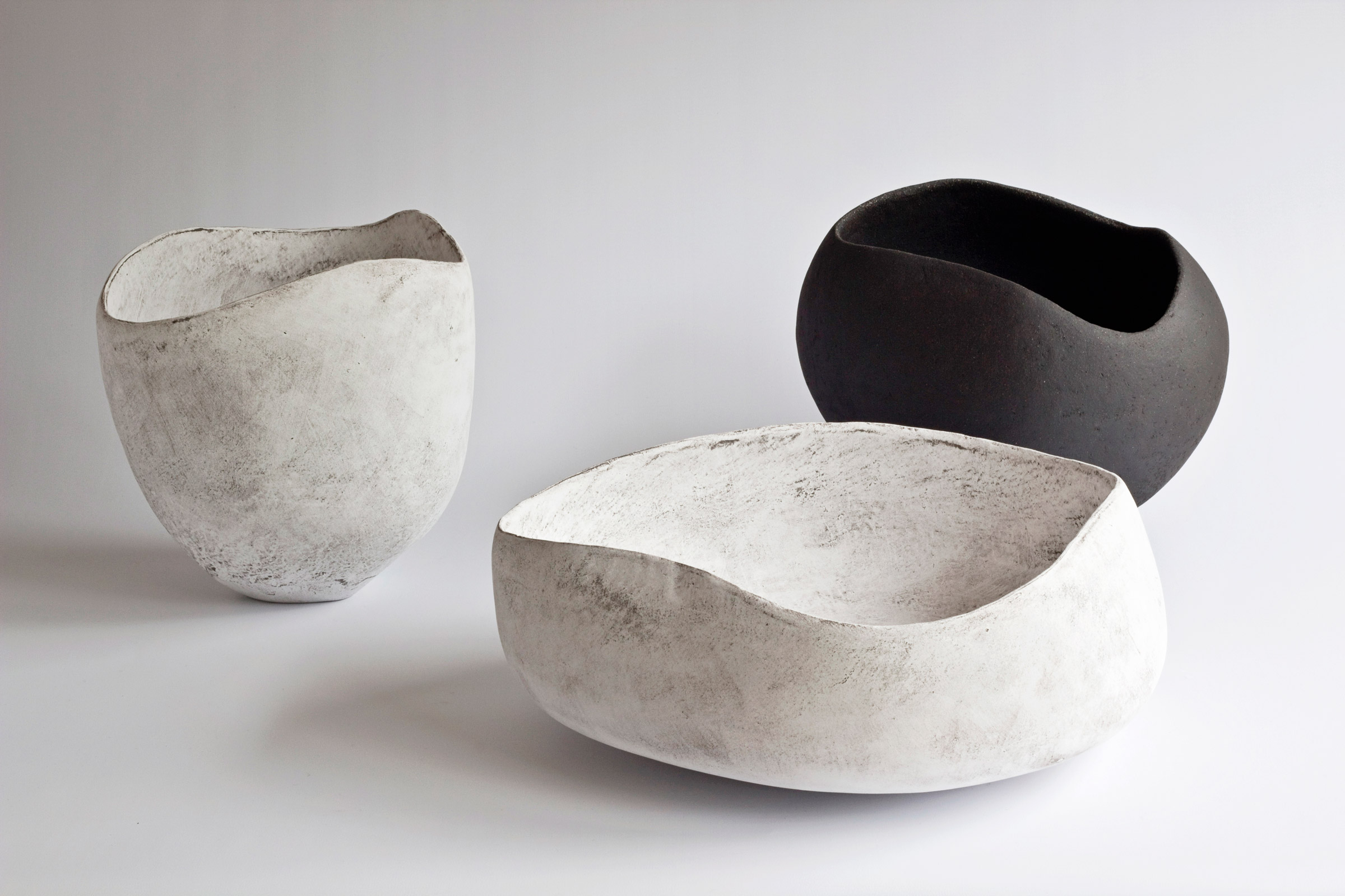Yasha Butler Lithic Vessels Large Ceramic Sculpture Bowls White Black Brown